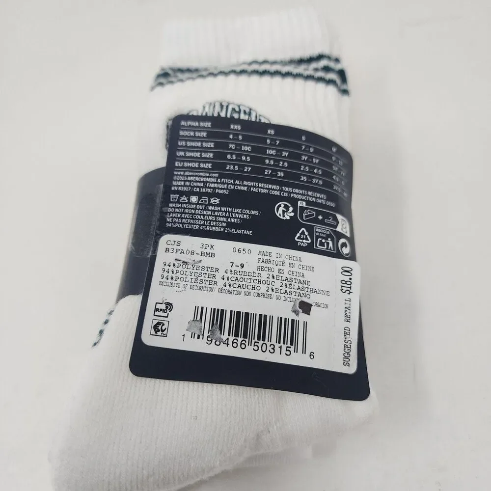 Abercrombie Kids Socks Youth XS White Striped City Crew 3 Pack Super Soft
